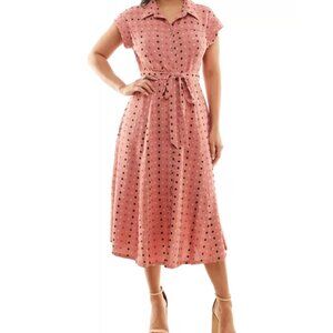 Nina Leonard Swiss Dot Collared Button Front Shirt Dress Dusty Pink Flowy Large